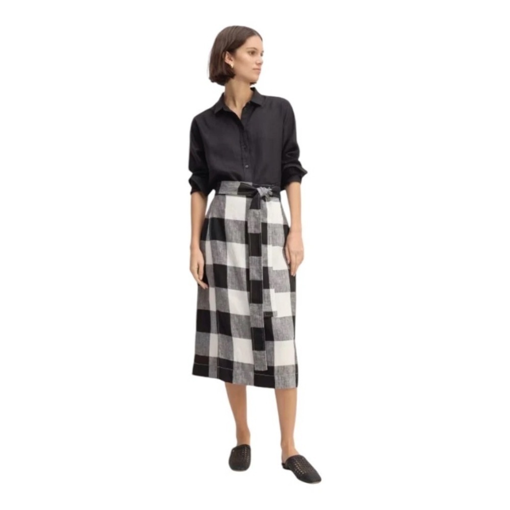 Everlane Womens The Linen Wrap Midi Skirt Size 2 Black White Gingham Minimalist